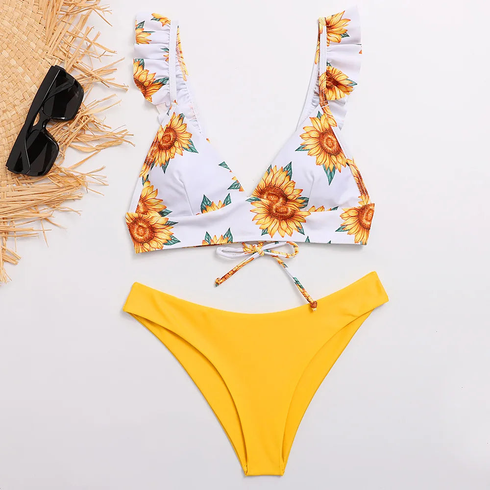 Cute Print Ruffle Shoulder Sexy Women's Bikini Swimsuit
